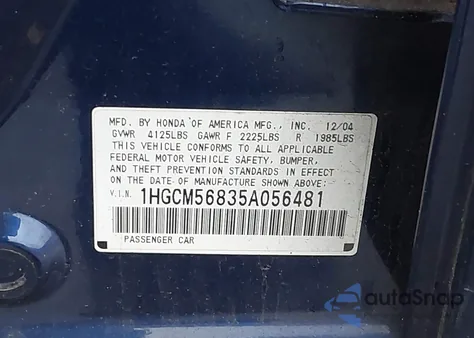 2005 Honda Accord 2.4 Ex z USA, uszkodzony, nr VIN 1HGCM56835A056481